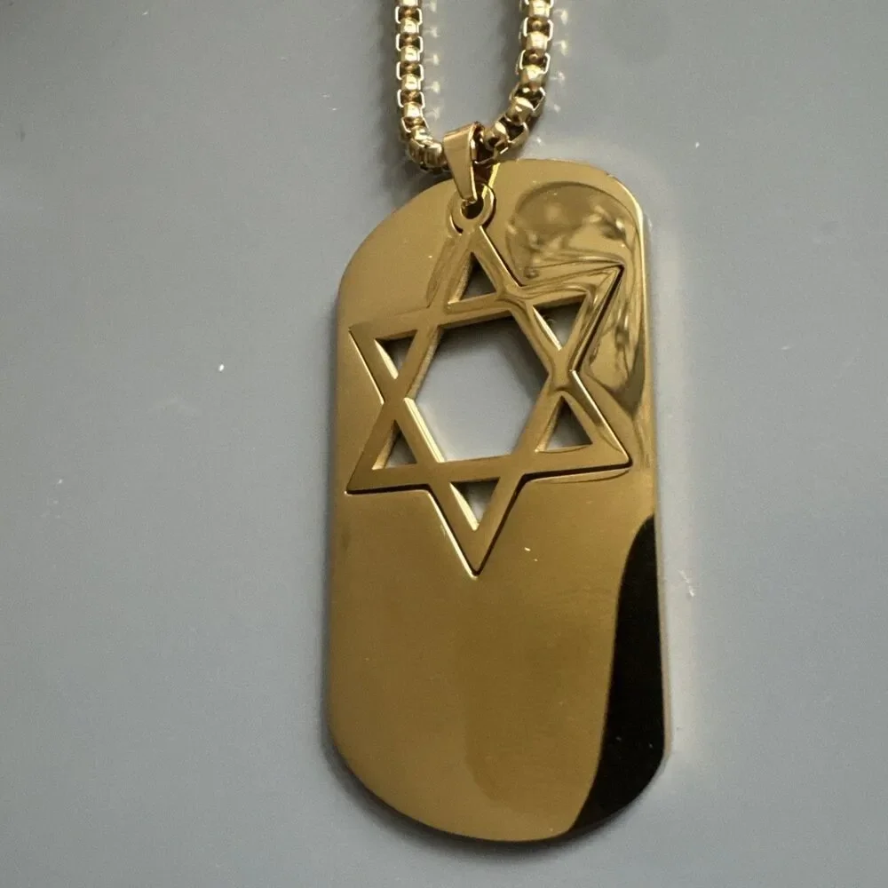 Star Of David Tag Pendant Necklace 24” Chain Jewish Heritage Israel Gold Tone